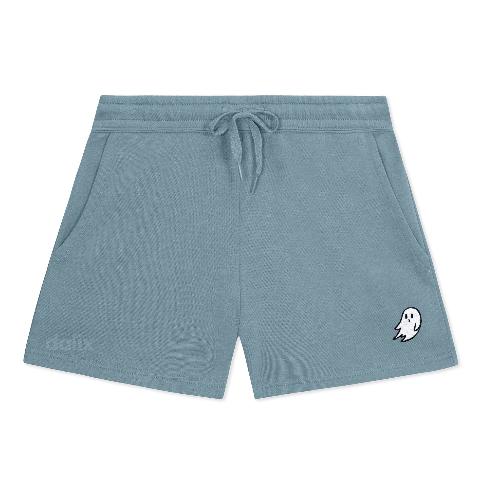 Dalix Ghost Embroidered Shorts Washed Soft Fleece Relaxed Drawstring Pocket Fit Lounge Womens in Misty Blue S Small
