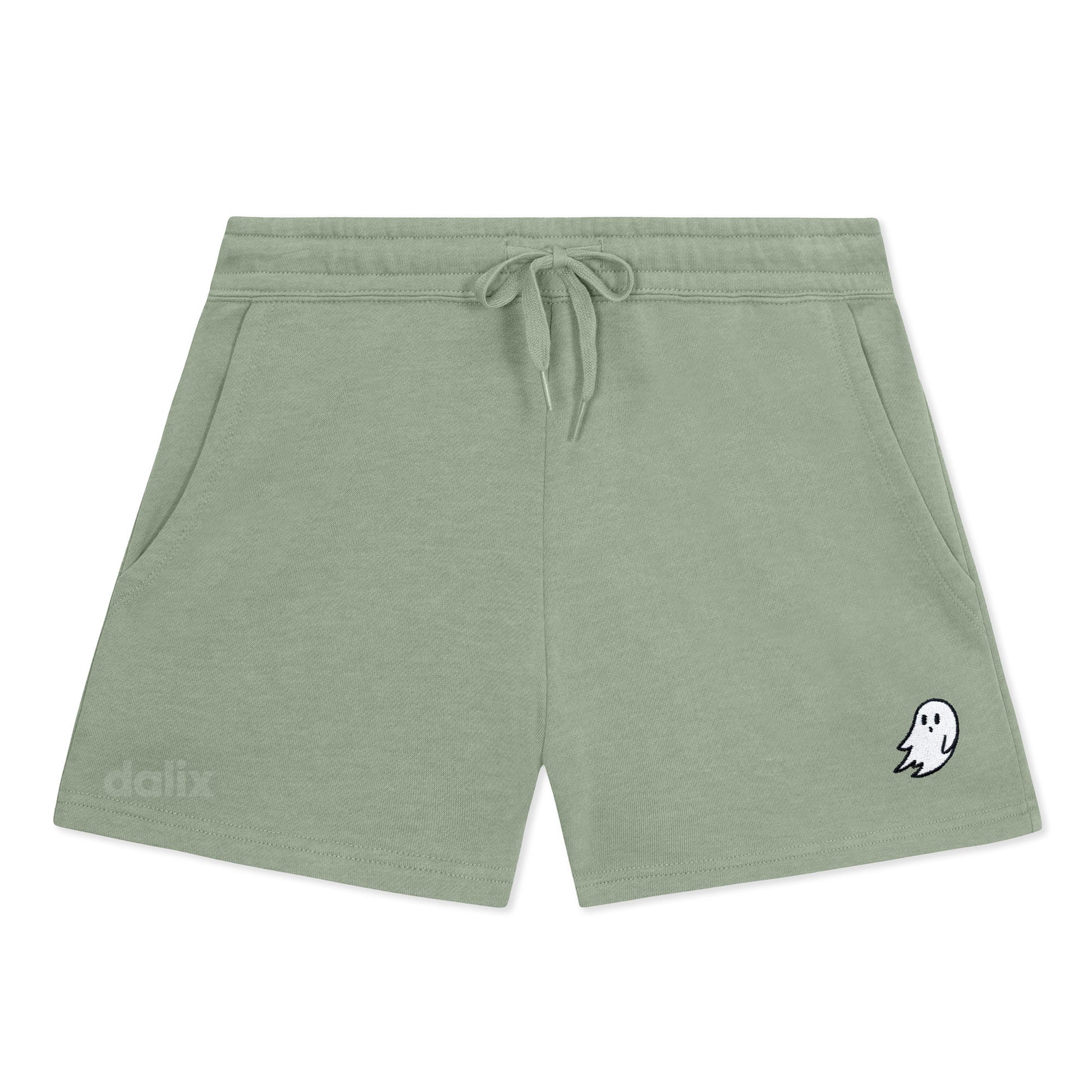 Dalix Ghost Embroidered Shorts Washed Soft Fleece Relaxed Drawstring Pocket Fit Lounge Womens in Sage S Small