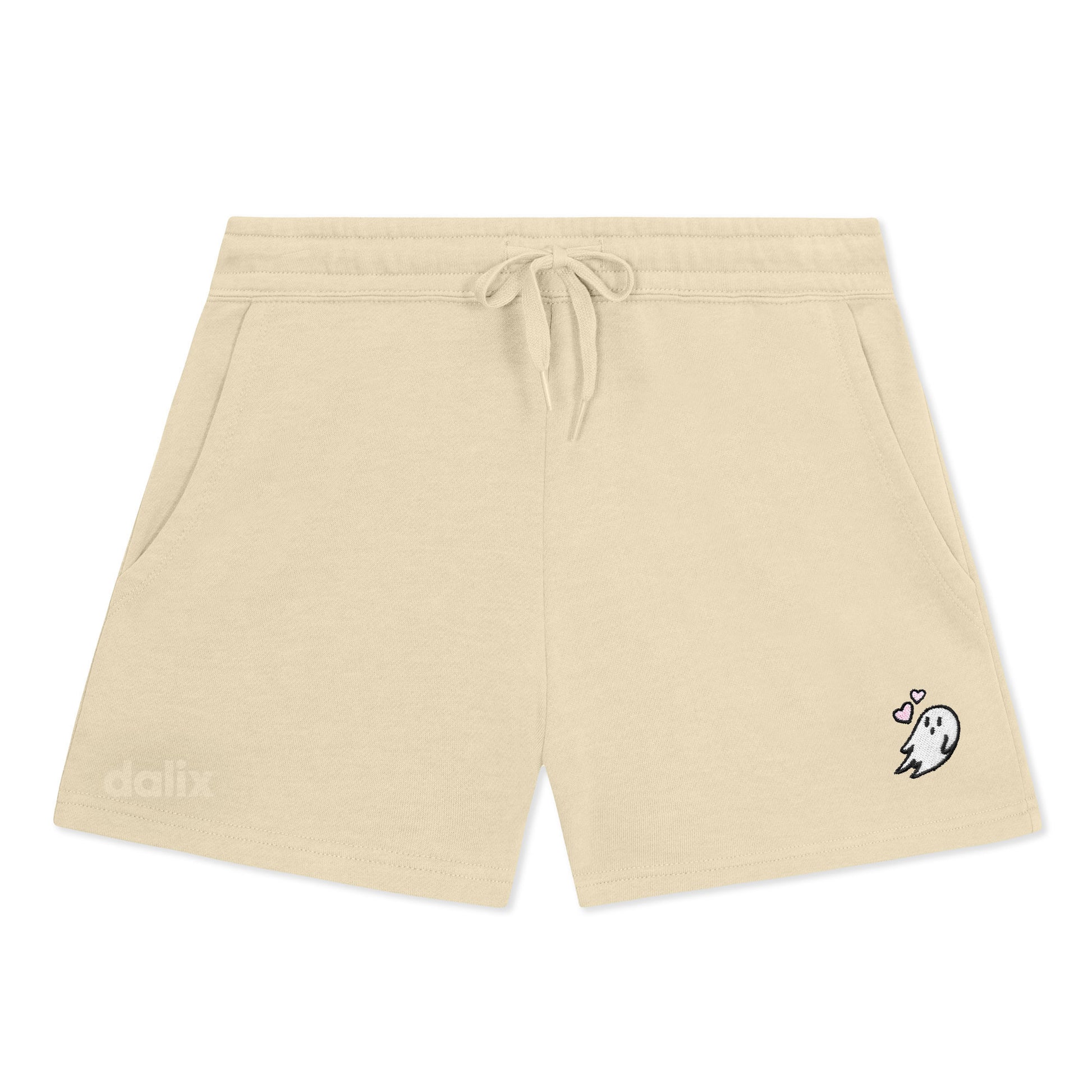 Dalix Heartly Ghost Embroidered Shorts Washed Soft Fleece Relaxed Drawstring Pocket Fit Lounge Womens in Bone S Small