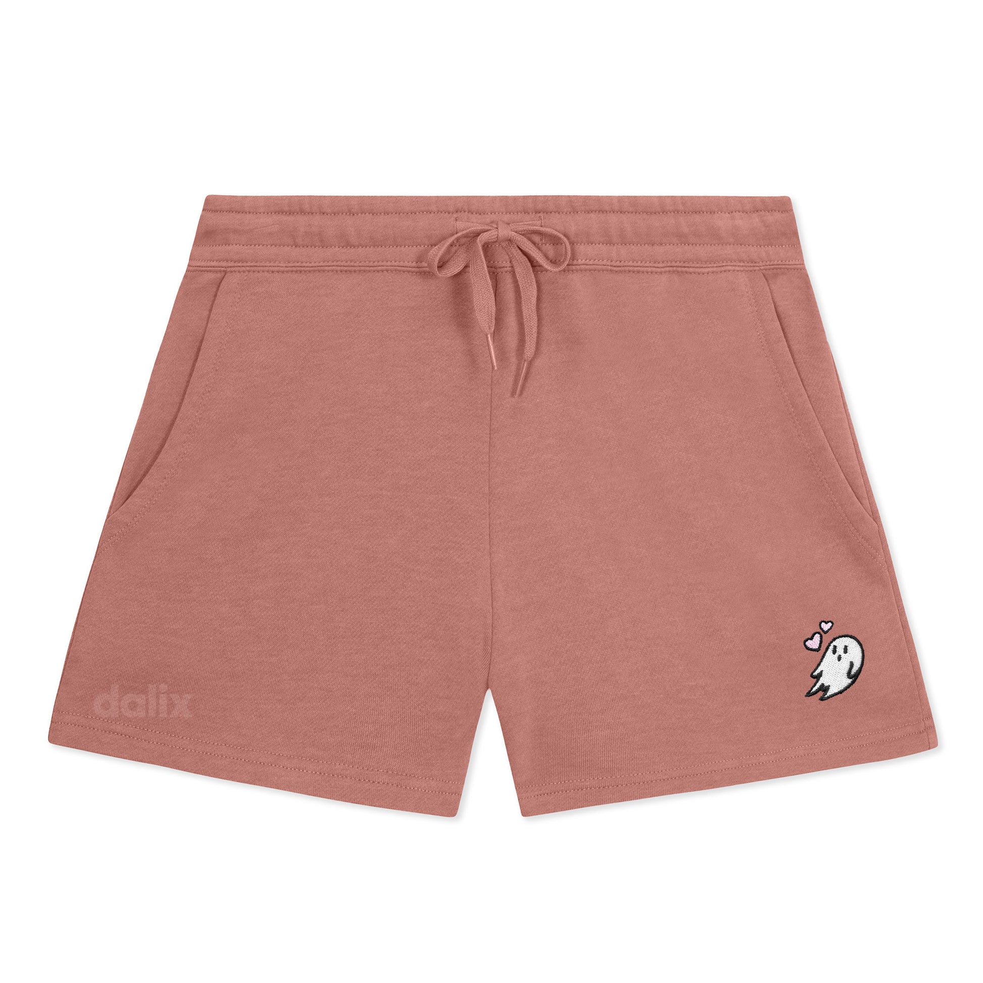 Dalix Heartly Ghost Embroidered Shorts Washed Soft Fleece Relaxed Drawstring Pocket Fit Lounge Womens in Dusty Rose S Small