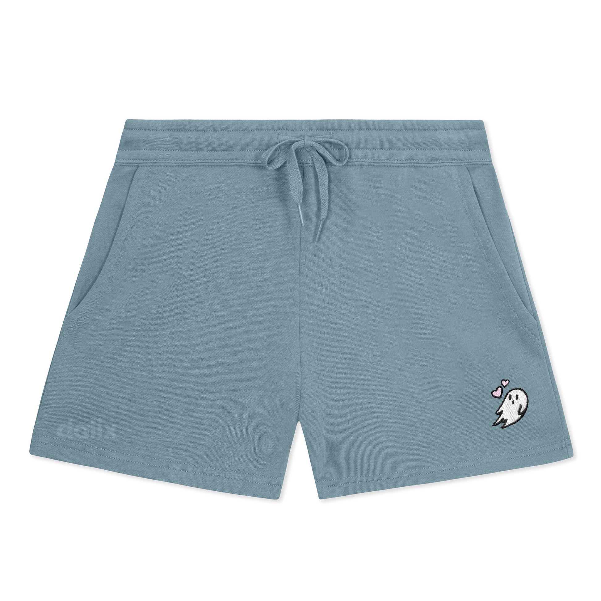 Dalix Heartly Ghost Embroidered Shorts Washed Soft Fleece Relaxed Drawstring Pocket Fit Lounge Womens in Misty Blue S Small