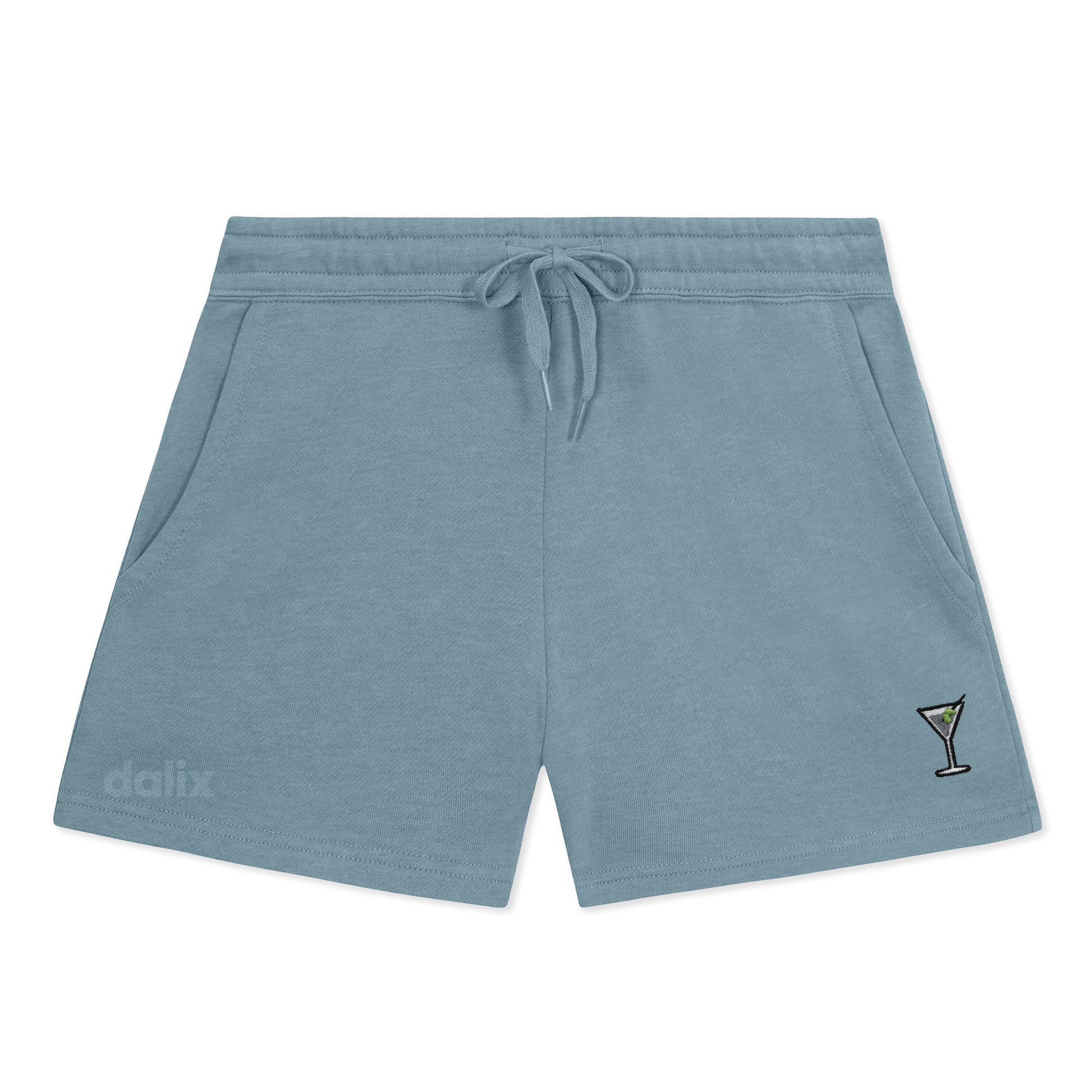 Dalix Martini Embroidered Shorts Washed Soft Fleece Relaxed Drawstring Pocket Fit Lounge Womens in Misty Blue S Small