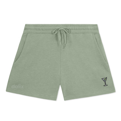 Dalix Martini Embroidered Shorts Washed Soft Fleece Relaxed Drawstring Pocket Fit Lounge Womens in Sage S Small