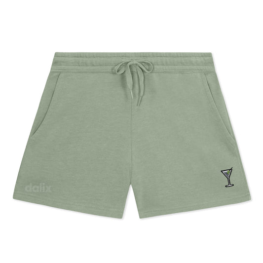Dalix Martini Embroidered Shorts Washed Soft Fleece Relaxed Drawstring Pocket Fit Lounge Womens in Sage S Small
