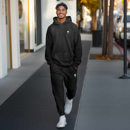 Dalix Alien Embroidery Washed Sweatsuit Set Hoodie Jogger Soft Fleece Relaxed Fit Lounge Mens in Black 2XL XX-Large