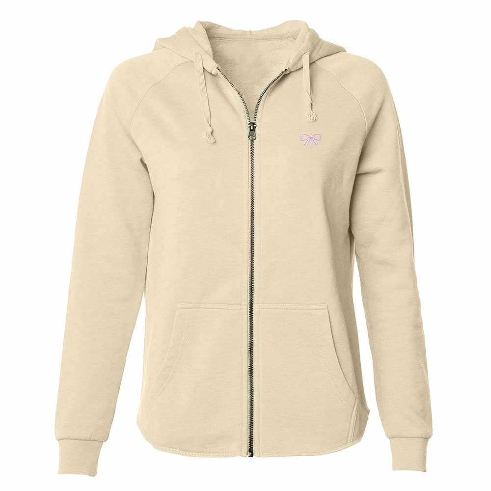 Dalix Bow Embroidered Fleece Zip Hoodie Nature Cold Fall Winter Womens in Bone S Small