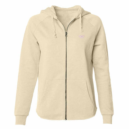Dalix Bow Embroidered Fleece Zip Hoodie Nature Cold Fall Winter Womens in Bone S Small