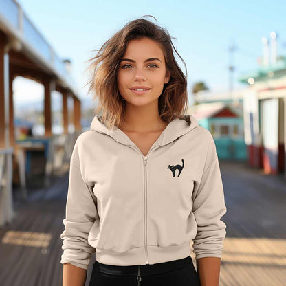 Dalix Black Cat Midweight Fleece Cropped Zip Hoodie