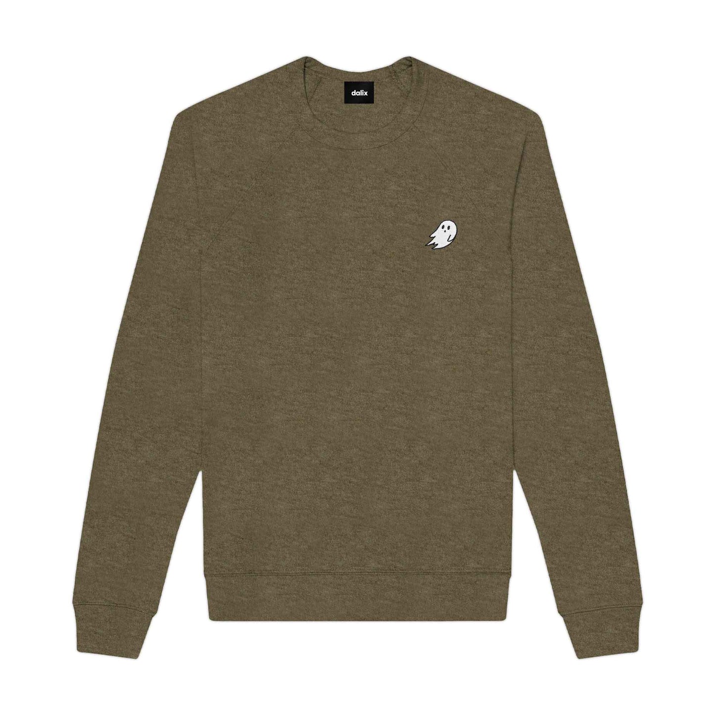 Dalix Ghost Embroidered Crewneck Long Sleeve Sweatshirt Fleece Men in Heather Olive 2XL XX-Large