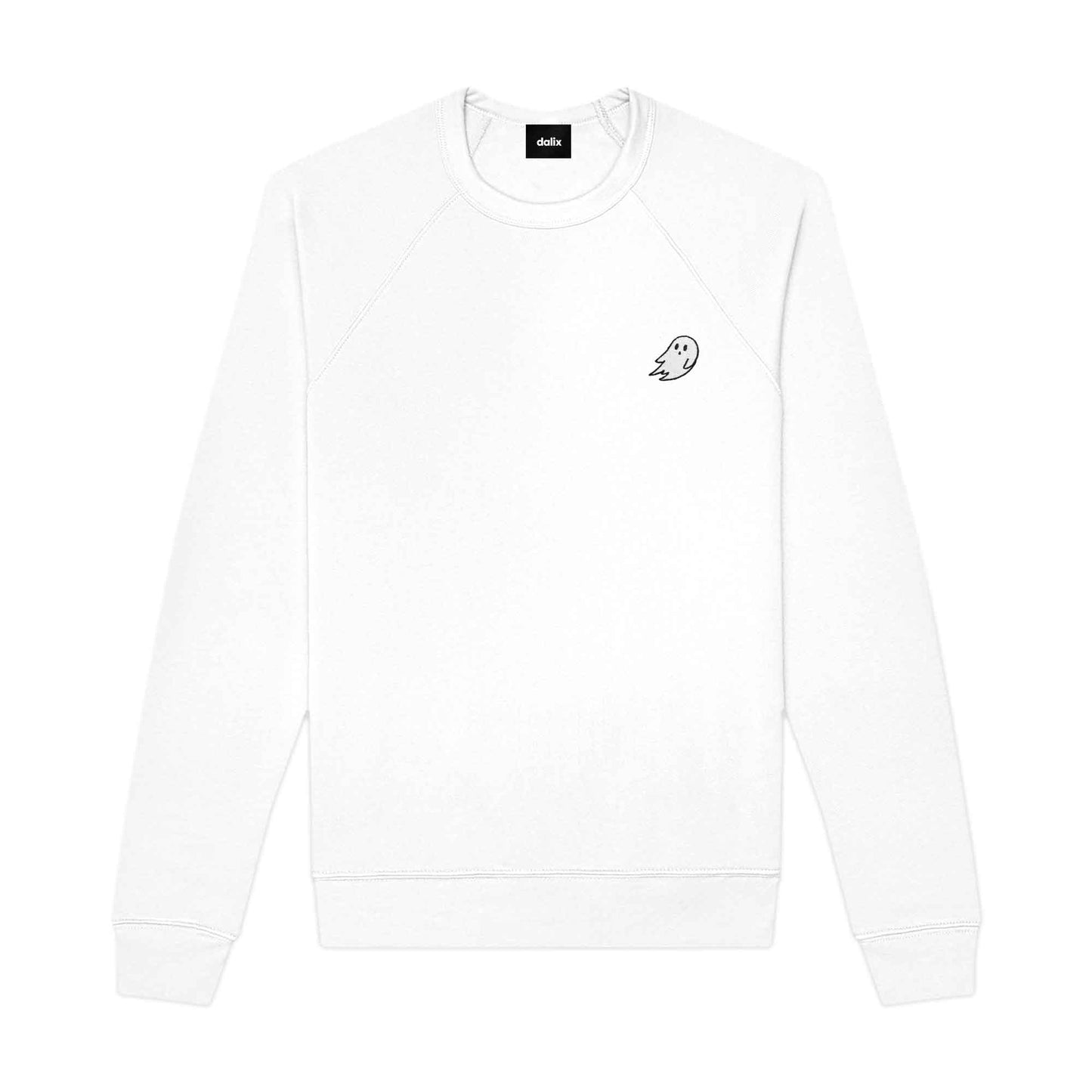 Dalix Ghost Embroidered Crewneck Long Sleeve Sweatshirt Fleece Men in White 2XL XX-Large
