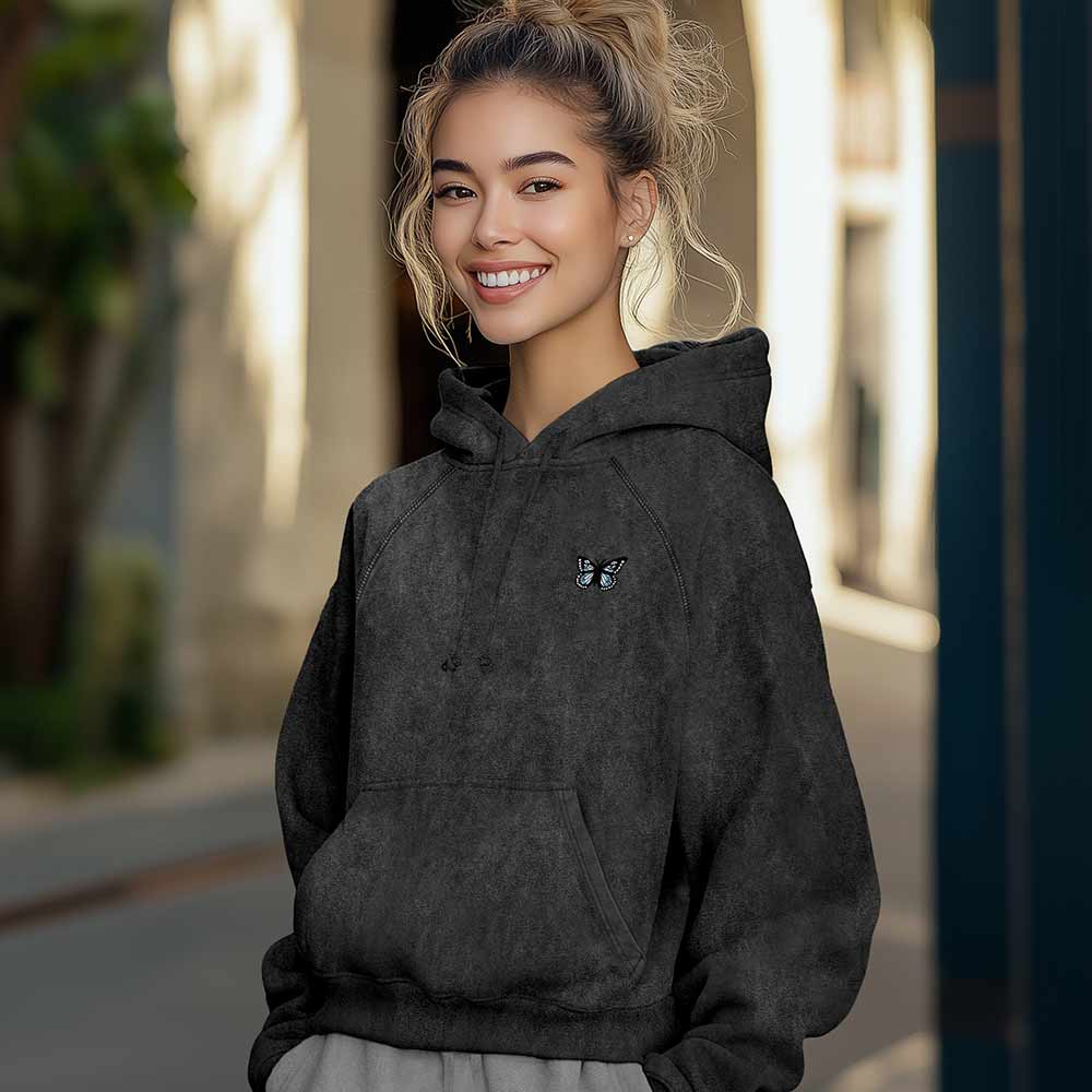 Dalix Butterfly Embroidery Washed Hoodie Sweatshirt Hoodie Fleece Relaxed Fit Lounge Womens in Black 2XL XX-Large