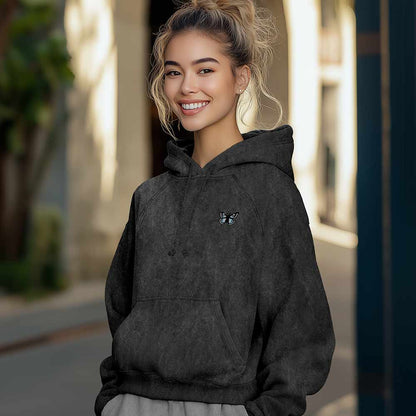 Dalix Butterfly Embroidery Washed Hoodie Sweatshirt Hoodie Fleece Relaxed Fit Lounge Womens in Black 2XL XX-Large