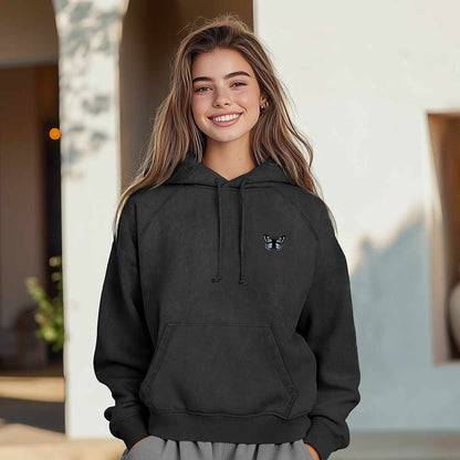 Dalix Butterfly Embroidery Washed Hoodie Sweatshirt Hoodie Fleece Relaxed Fit Lounge Womens in Black 2XL XX-Large