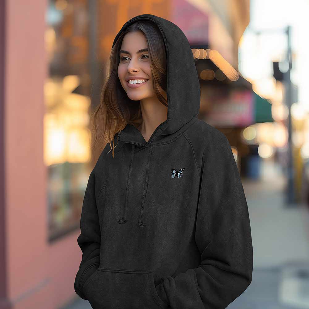 Dalix Butterfly Embroidery Washed Hoodie Sweatshirt Hoodie Fleece Relaxed Fit Lounge Womens in Black 2XL XX-Large