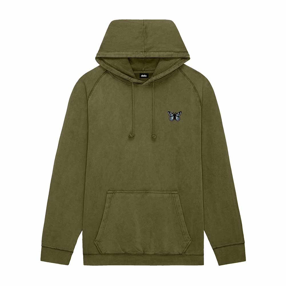 Dalix Butterfly Embroidery Washed Hoodie Sweatshirt Hoodie Fleece Relaxed Fit Lounge Womens in Olive 2XL XX-Large