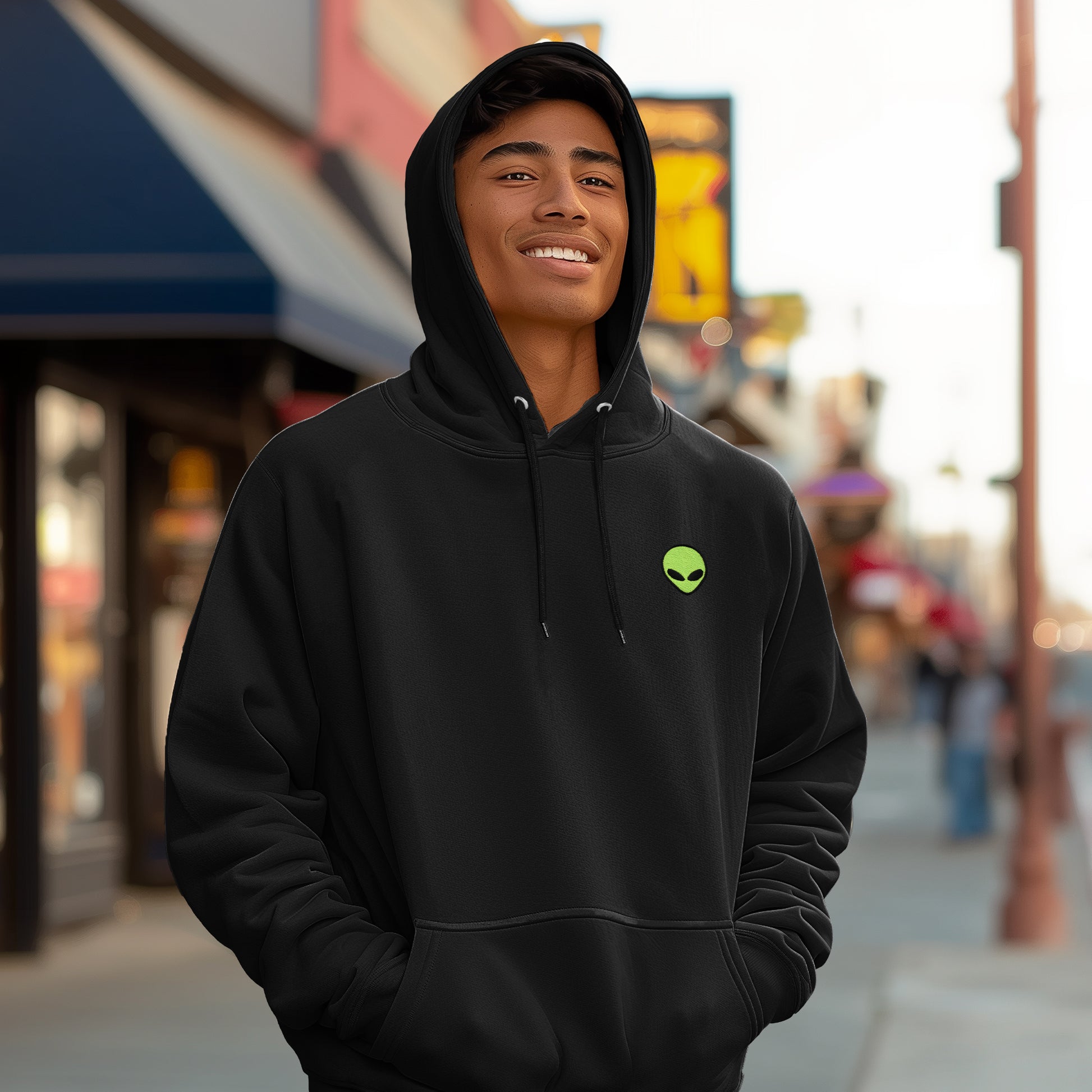 Dalix Alien Embroidery Relaxed Hoodie Soft Fleece Sweatshirt Drawcord Fit Lounge Mens in Black 2XL XX-Large
