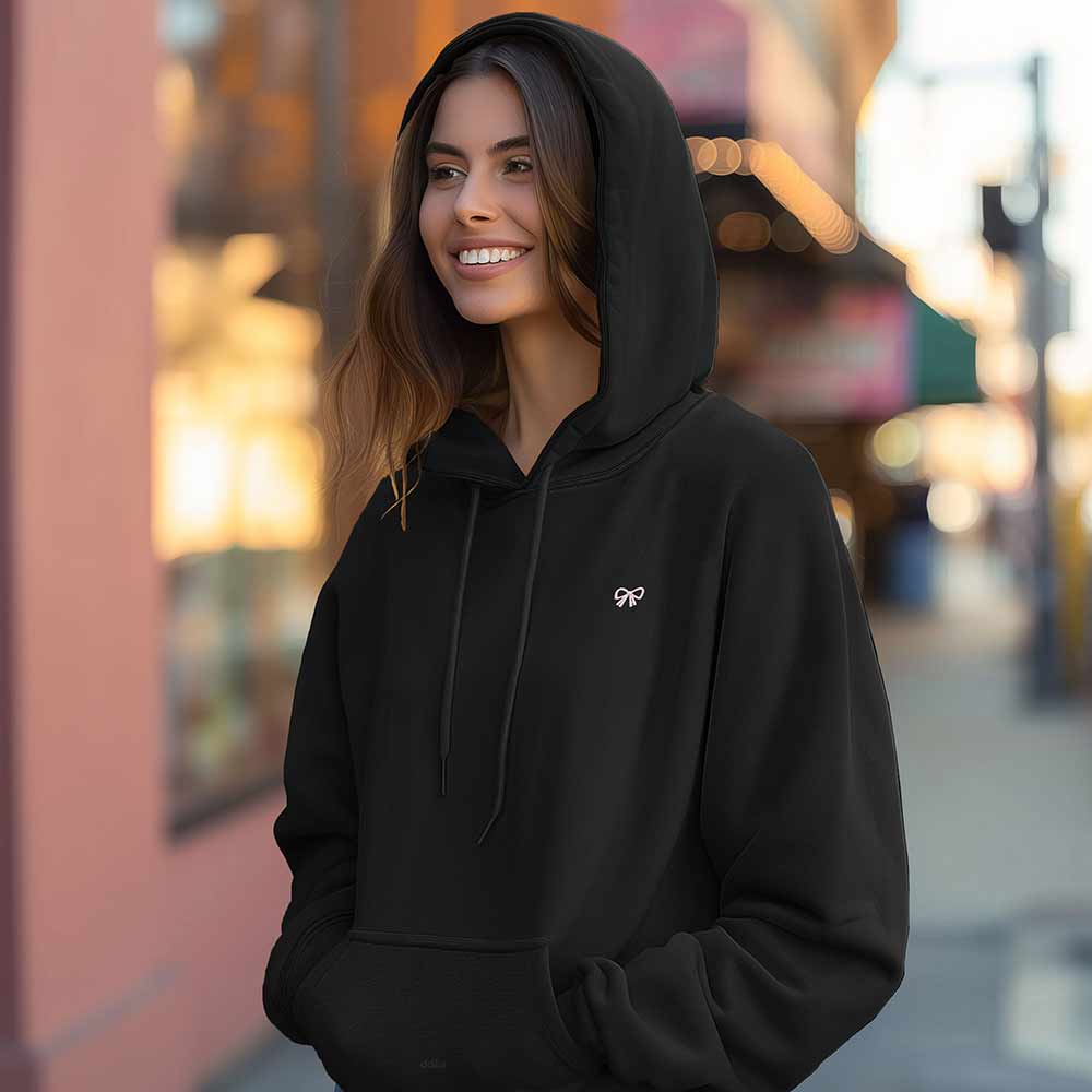 Dalix Bow Embroidery Relaxed Hoodie Soft Fleece Sweatshirt Drawcord Fit Lounge Mens in Black 2XL XX-Large
