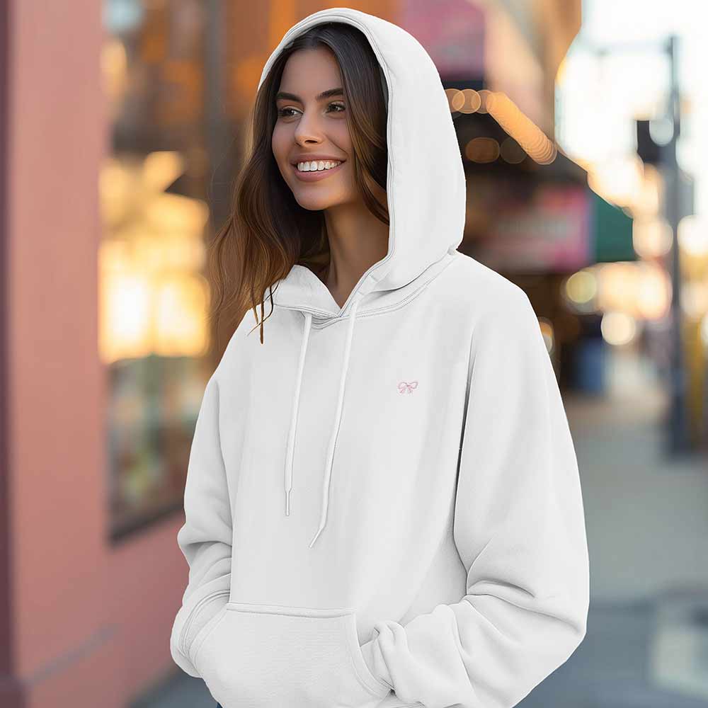 Dalix Bow Embroidery Relaxed Hoodie Soft Fleece Sweatshirt Drawcord Fit Lounge Mens in White 2XL XX-Large