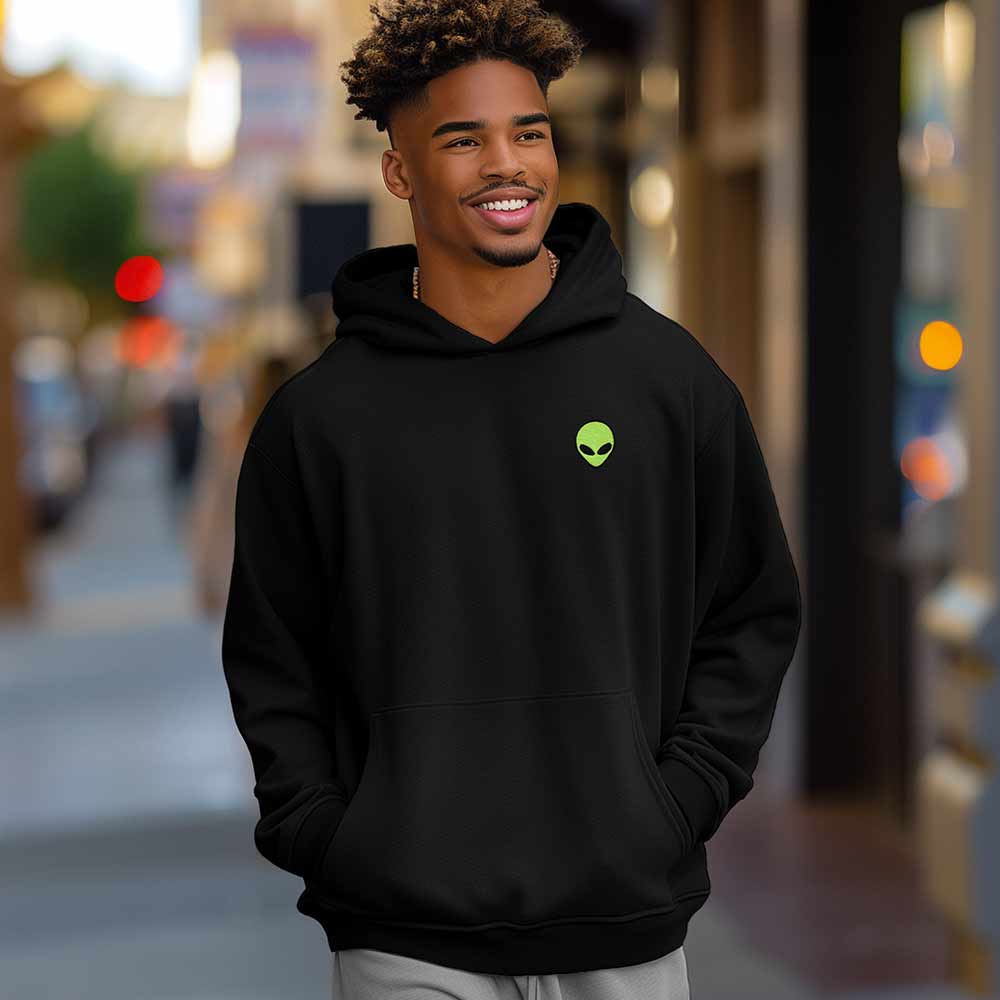 Dalix Alien Embroidery Relaxed Hoodie Soft Fleece Sweatshirt Fit Lounge Mens in Black 2XL XX-Large
