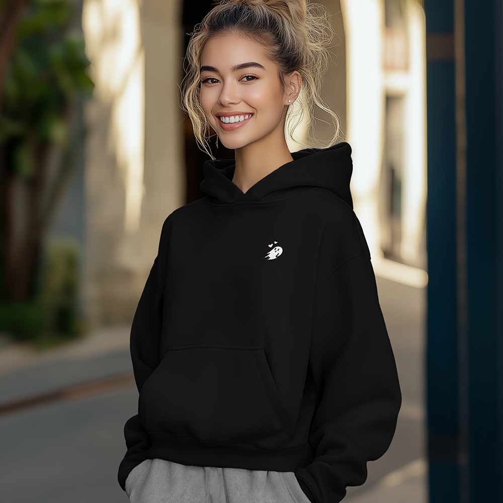 Dalix Heartly Ghost Embroidery Relaxed Hoodie Soft Fleece Sweatshirt Fit Lounge Womens in Black 2XL XX-Large