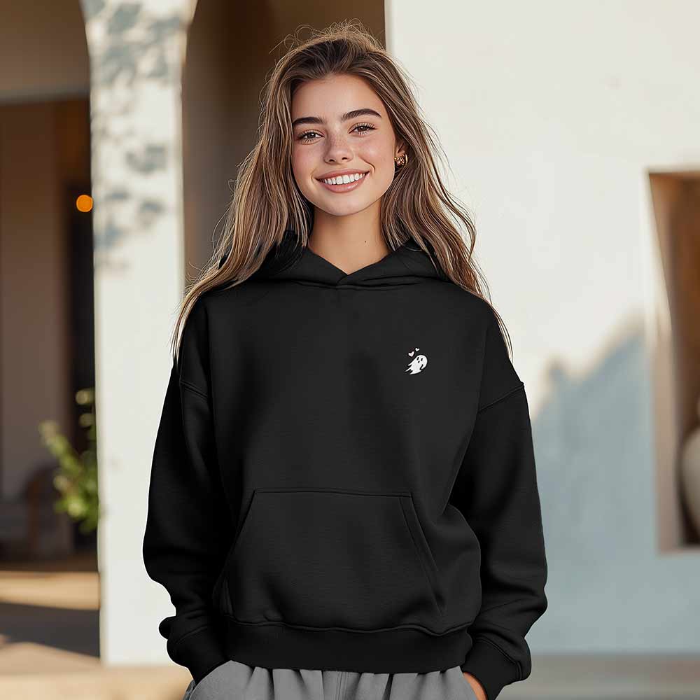Dalix Heartly Ghost Embroidery Relaxed Hoodie Soft Fleece Sweatshirt Fit Lounge Womens in Black 2XL XX-Large