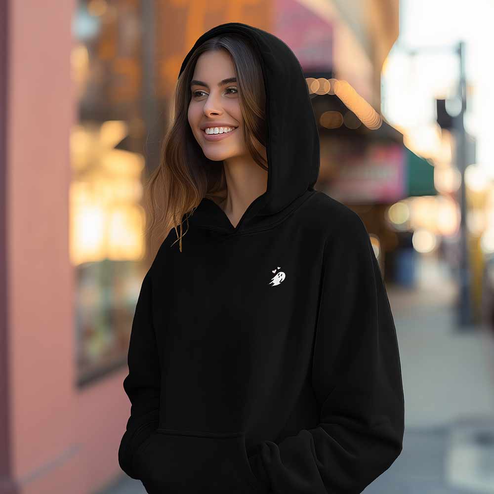 Dalix Heartly Ghost Embroidery Relaxed Hoodie Soft Fleece Sweatshirt Fit Lounge Womens in Black 2XL XX-Large