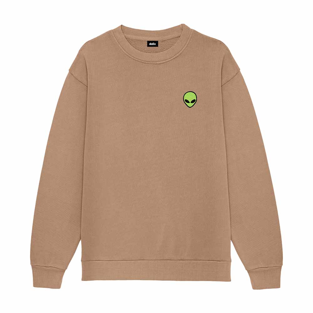 Dalix Alien Embroidery Relaxed Crewneck Sweatshirt Soft Fleece Fit Lounge Mens in Camel 2XL XX-Large