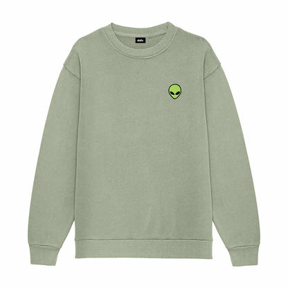 Dalix Alien Embroidery Relaxed Crewneck Sweatshirt Soft Fleece Fit Lounge Mens in Oil Green 2XL XX-Large