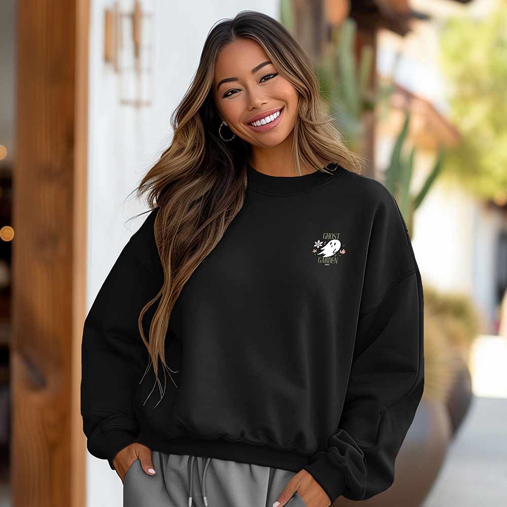 Dalix Ghost Garden Embroidery Relaxed Crewneck Sweatshirt Soft Fleece Fit Lounge Womens in Black 2XL XX-Large