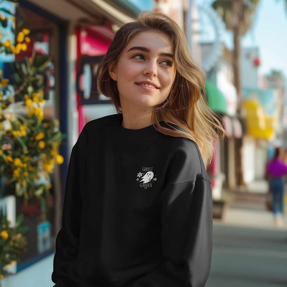 Dalix Ghost Garden Embroidery Relaxed Crewneck Sweatshirt Soft Fleece Fit Lounge Womens in Black 2XL XX-Large