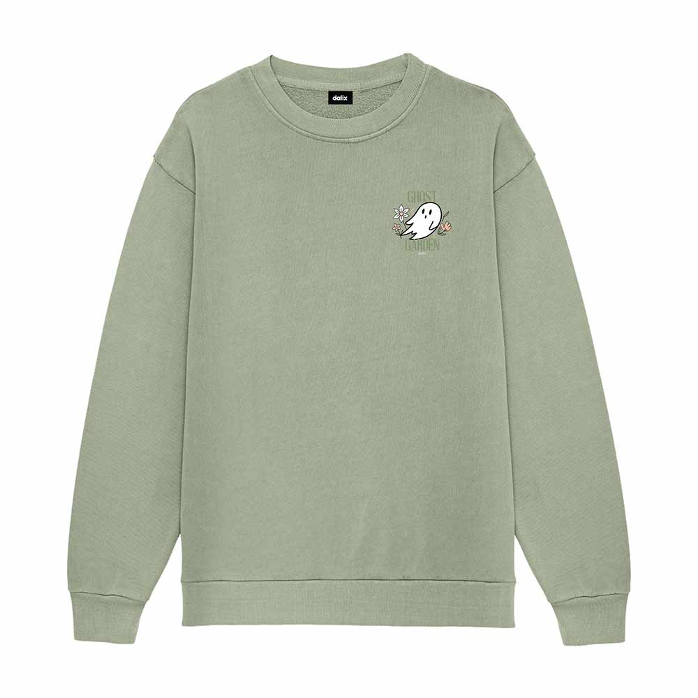 Dalix Ghost Garden Embroidery Relaxed Crewneck Sweatshirt Soft Fleece Fit Lounge Womens in Oil Green 2XL XX-Large