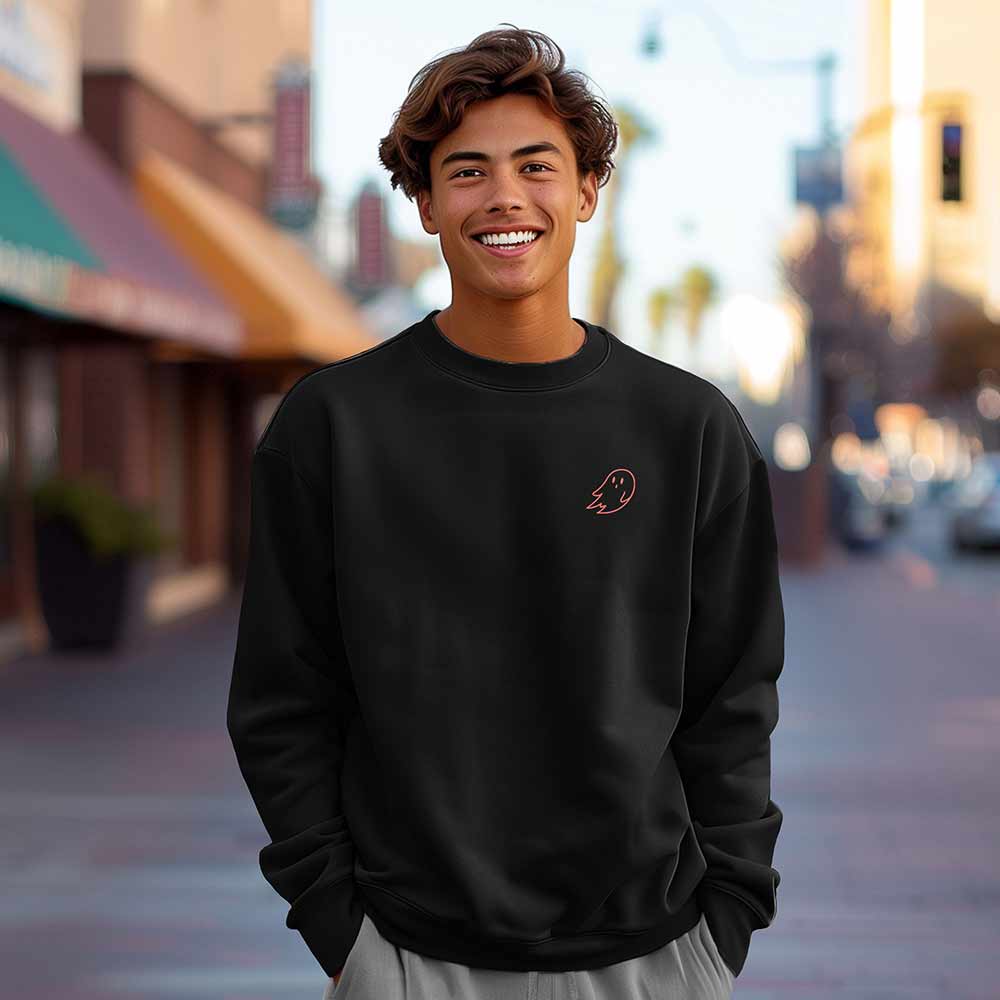 Dalix Ghost Embroidery Relaxed Crewneck Sweatshirt Soft Fleece Fit Lounge Mens in Black 2XL XX-Large