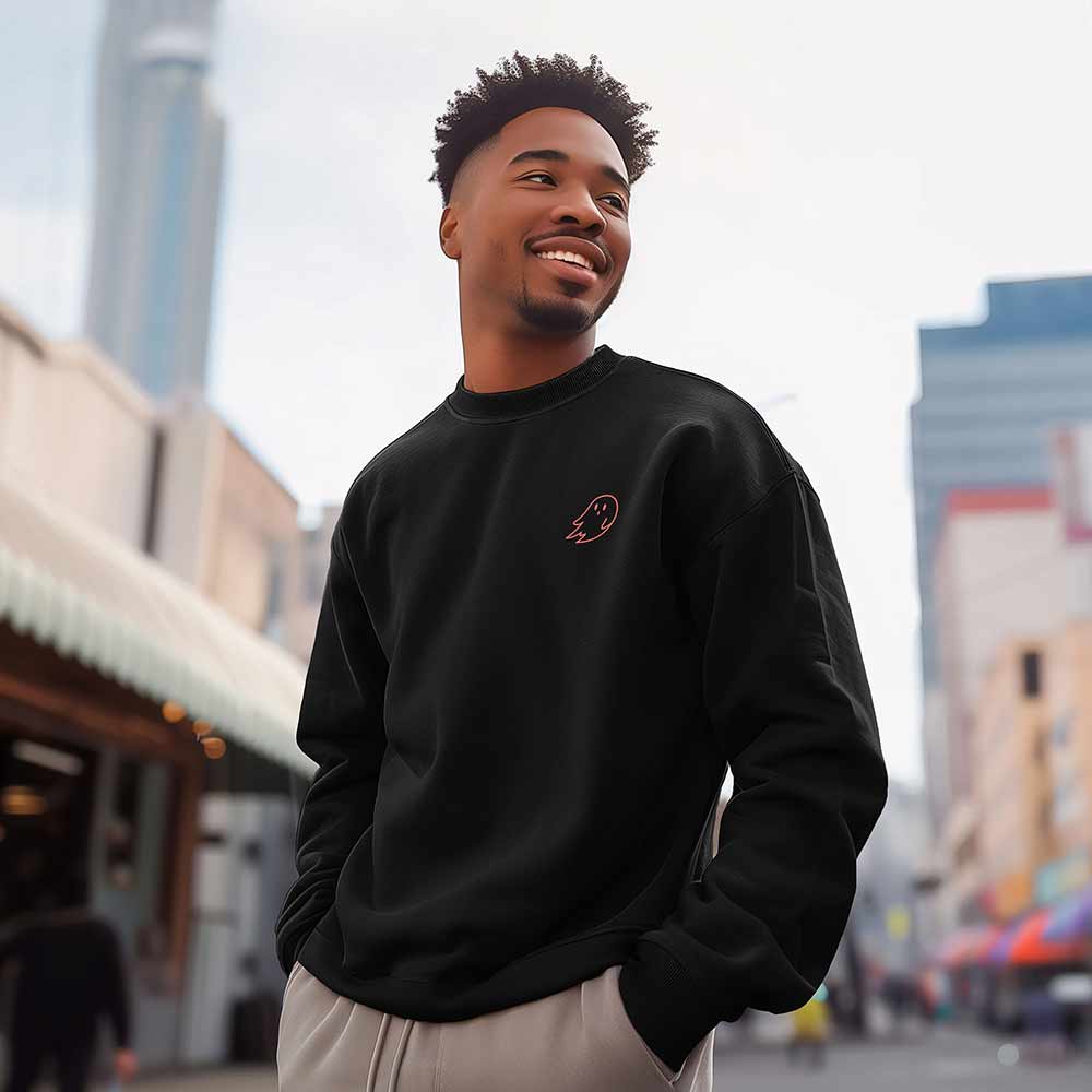 Dalix Ghost Embroidery Relaxed Crewneck Sweatshirt Soft Fleece Fit Lounge Mens in Black 2XL XX-Large