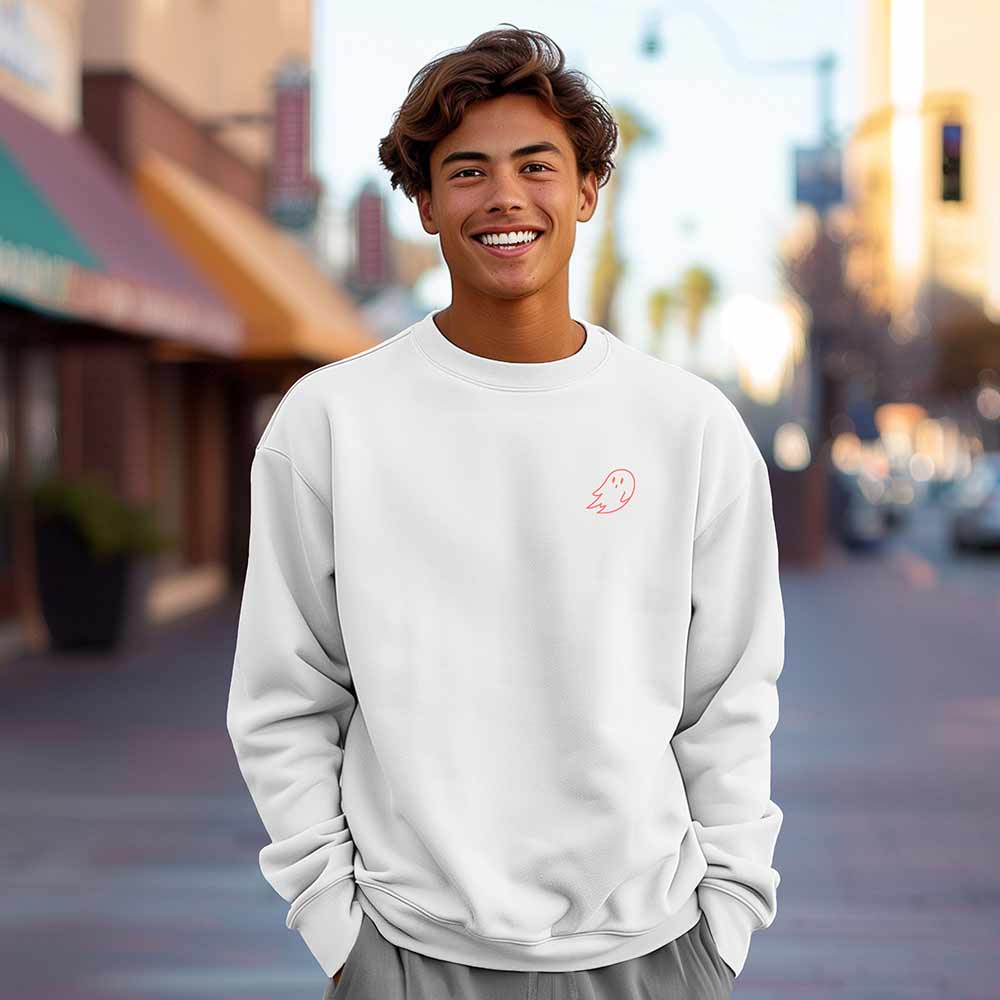 Dalix Ghost Embroidery Relaxed Crewneck Sweatshirt Soft Fleece Fit Lounge Mens in White 2XL XX-Large