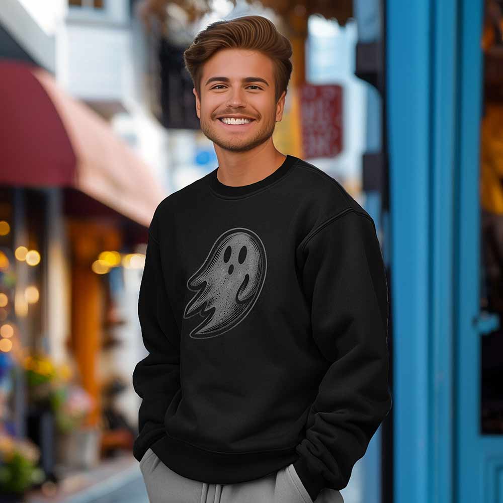 Dalix Ghost Embroidery Relaxed Crewneck Sweatshirt Soft Fleece Fit Lounge Mens in Black 2XL XX-Large
