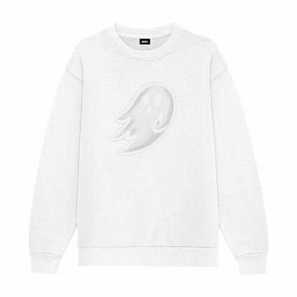 Dalix Ghost Embroidery Relaxed Crewneck Sweatshirt Soft Fleece Fit Lounge Mens in White 2XL XX-Large