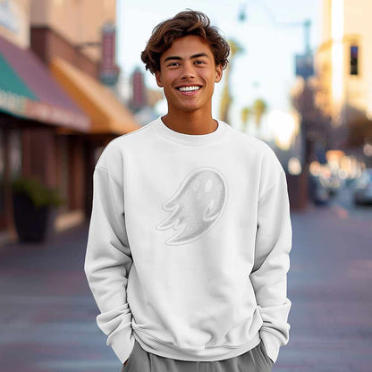 Dalix Ghost Embroidery Relaxed Crewneck Sweatshirt Soft Fleece Fit Lounge Mens in White 2XL XX-Large