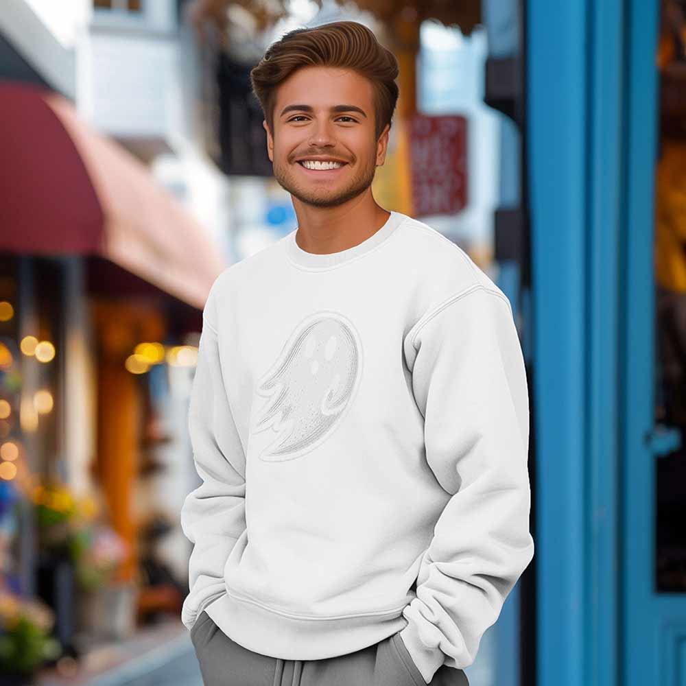 Dalix Ghost Embroidery Relaxed Crewneck Sweatshirt Soft Fleece Fit Lounge Mens in White 2XL XX-Large