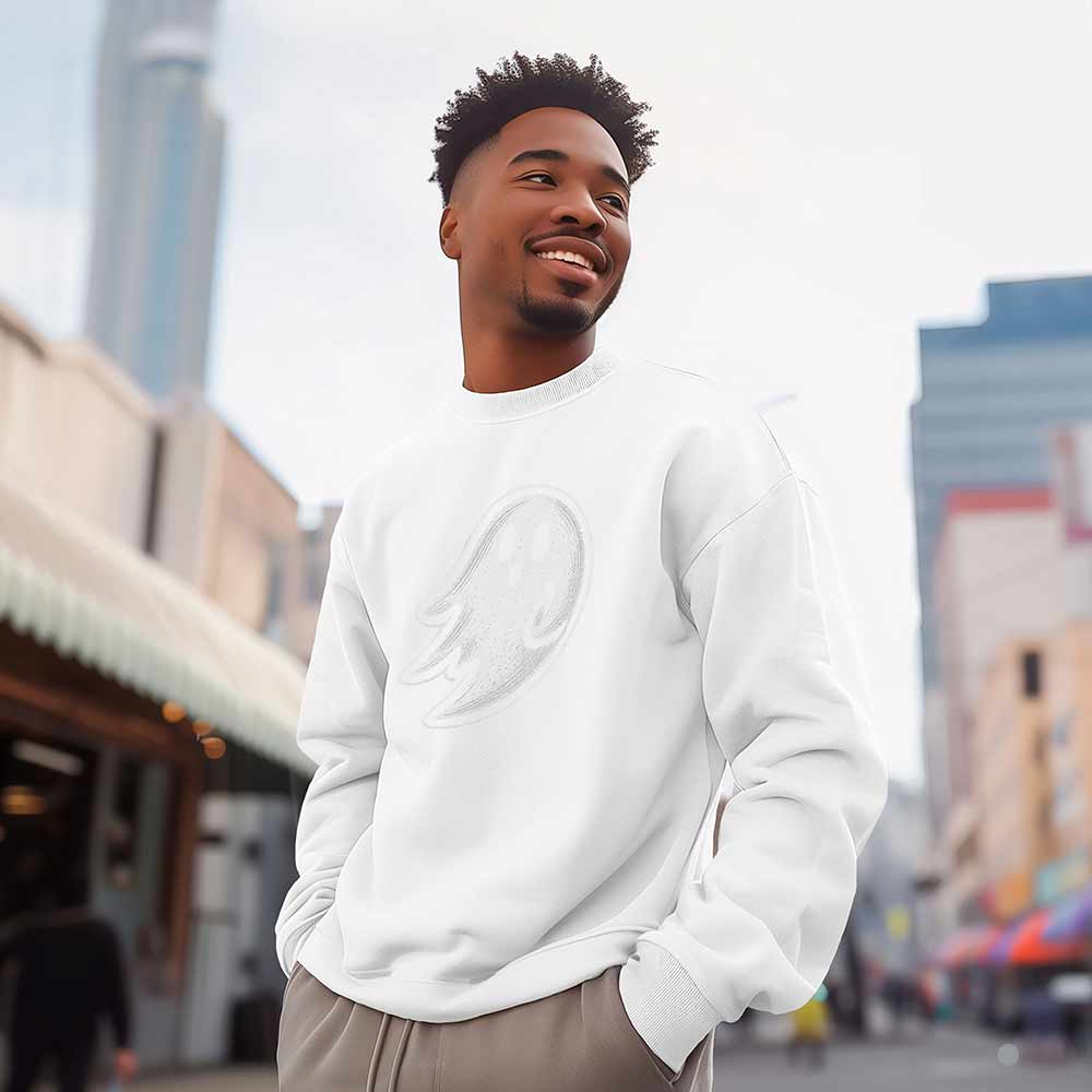 Dalix Ghost Embroidery Relaxed Crewneck Sweatshirt Soft Fleece Fit Lounge Mens in White 2XL XX-Large