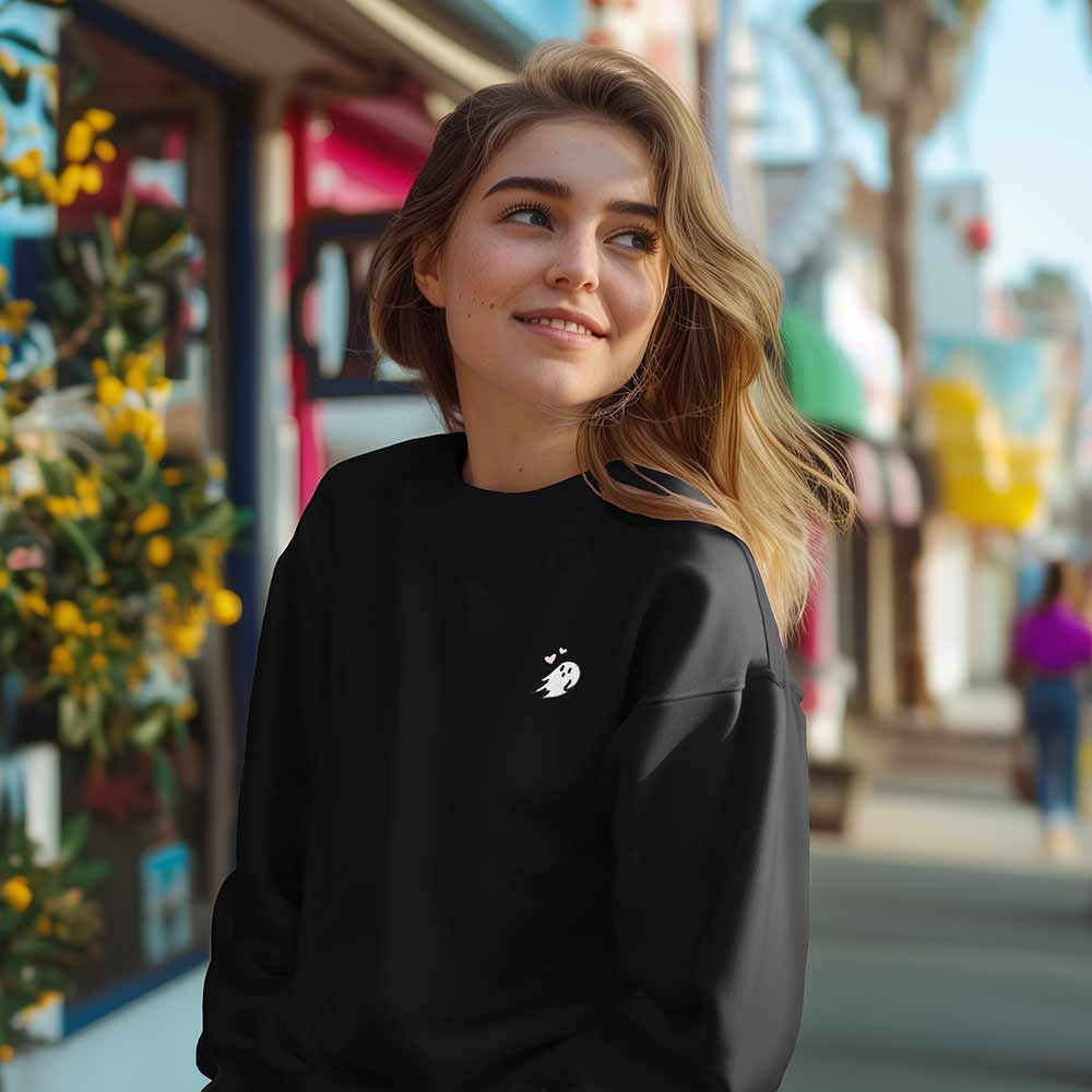 Dalix Heartly Ghost Embroidery Relaxed Crewneck Sweatshirt Soft Fleece Fit Lounge Womens in Black 2XL XX-Large
