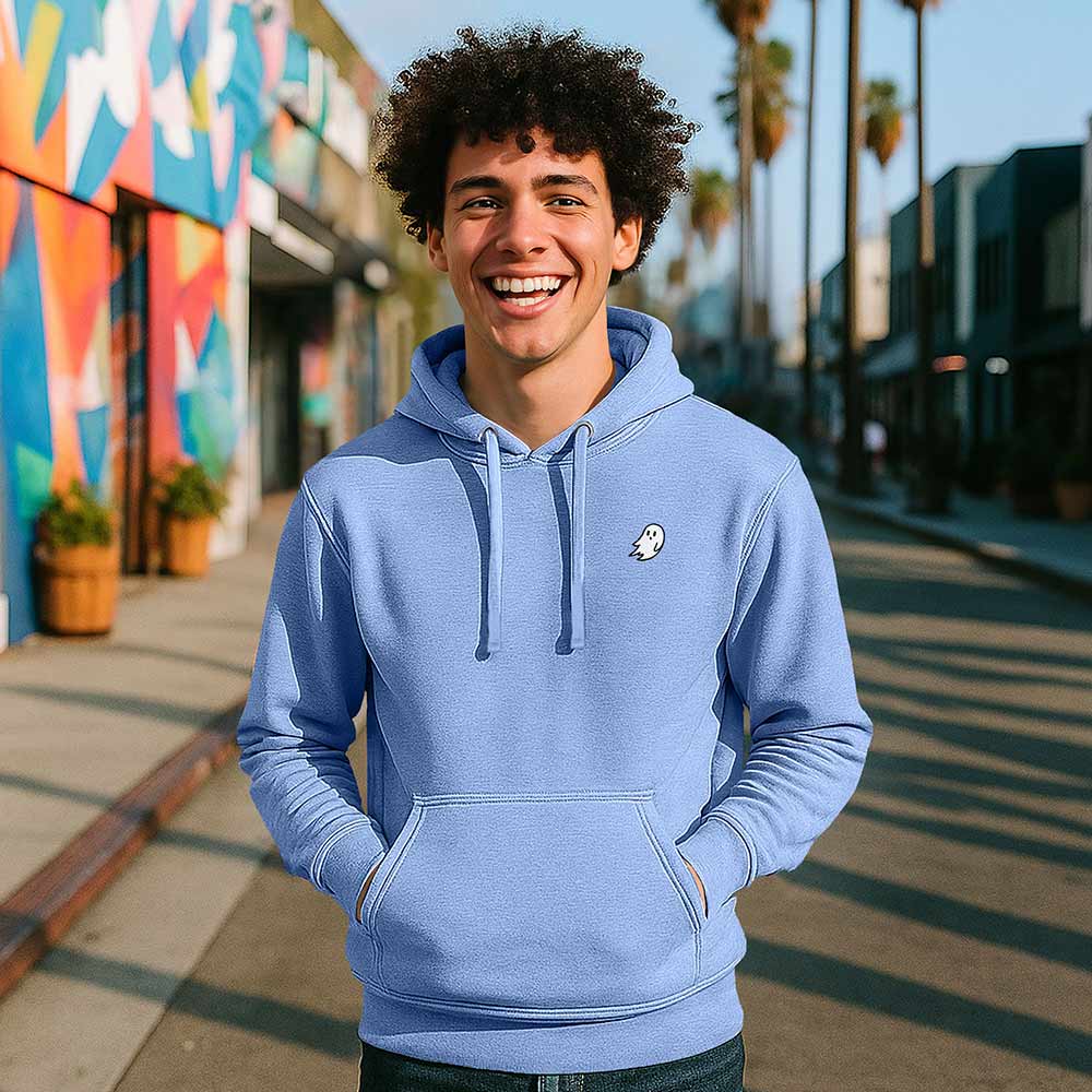 Dalix Mens Ghost Hooded Fleece Sweatshirt Log Sleeve Hoodie Drawcord Fall in Blue S Small