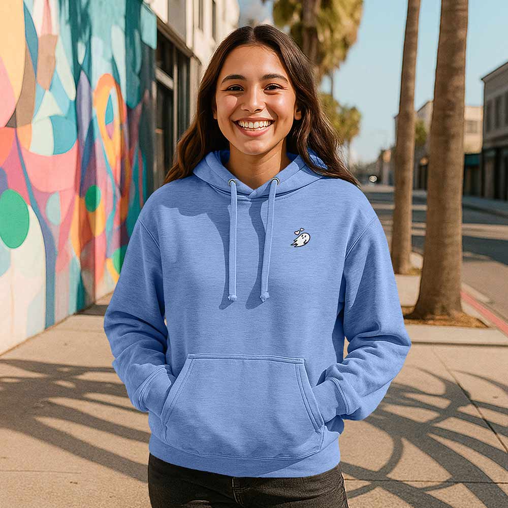 Dalix Womens Heartly Ghost Hooded Fleece Sweatshirt Long Sleeve Hoodie Drawcord Fall in Blue S Small