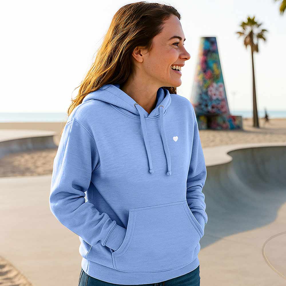 Dalix Womens Lil Heart Hooded Fleece Sweatshirt Log Sleeve Hoodie Drawcord Fall in Blue S Small