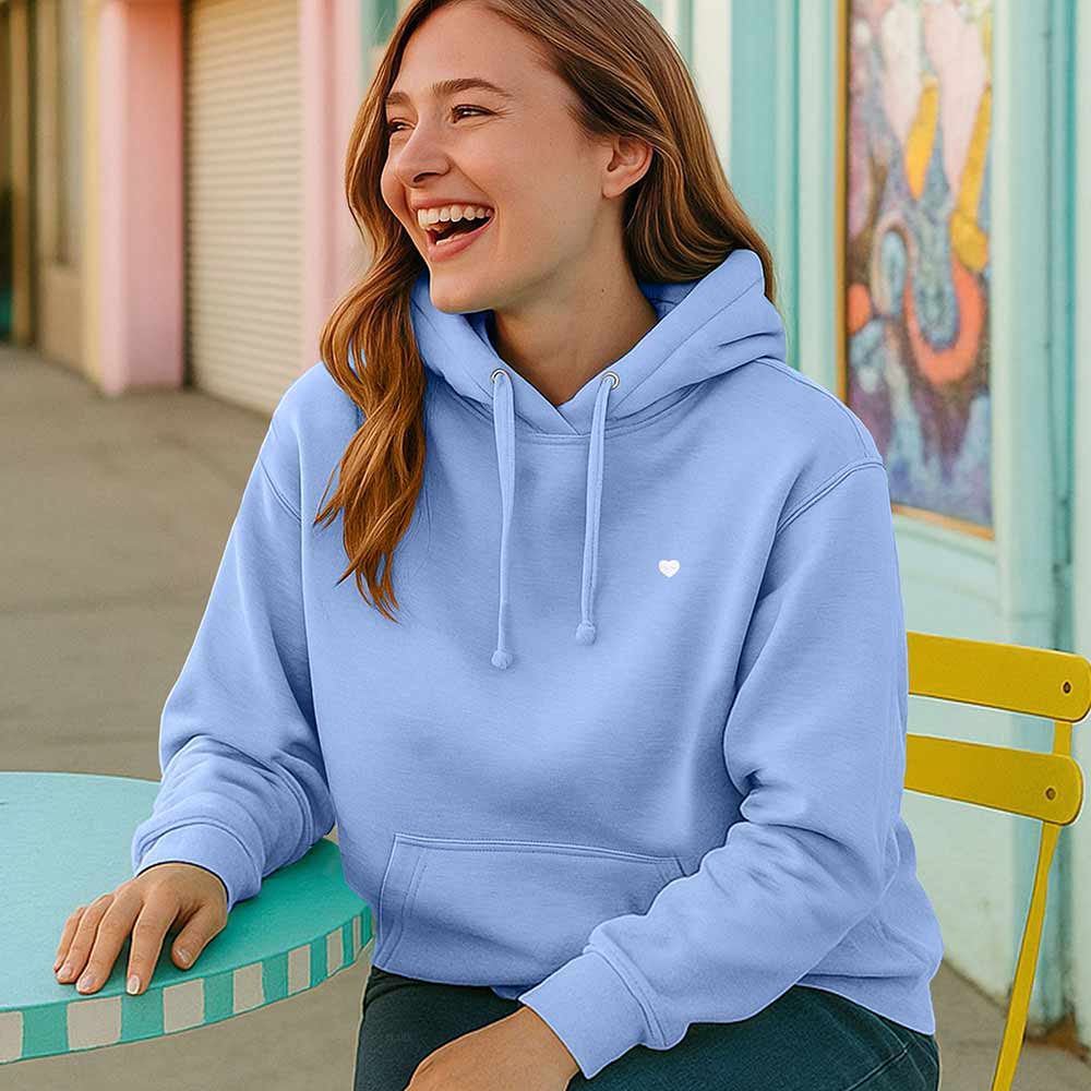 Dalix Womens Lil Heart Hooded Fleece Sweatshirt Log Sleeve Hoodie Drawcord Fall in Blue S Small