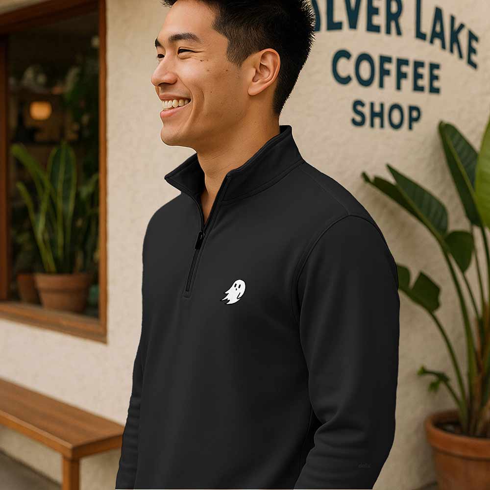 Dalix Mens Ghost Pullover Cadet Collar Quarter Zip French Terry Long Sleeve Fall in Black S Small