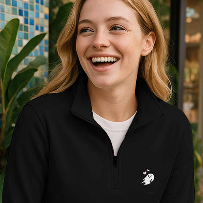 Dalix Womens Heartly Ghost Pullover Cadet Collar Quarter Zip French Terry Long Sleeve Fall in Black S Small