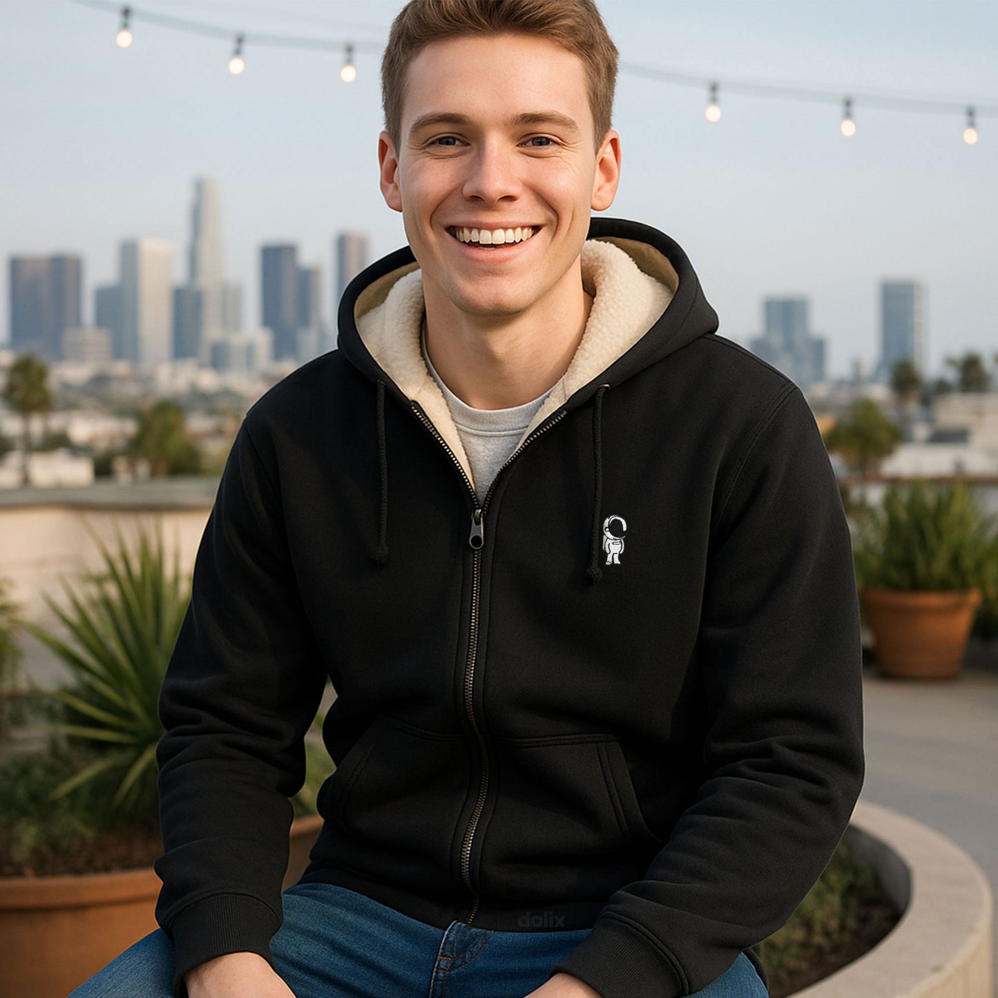 Dalix Mens Astronaut Hoodie Faux Sherpa Lined Zip Up Sweatshirt Warm Casual Outerwear in Black S Small