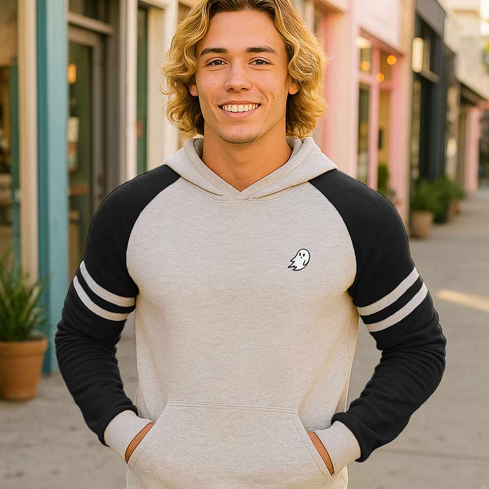 Dalix Mens Ghost Varsity Hooded Sweatshirt Heavyweight Pullover Hoodie Casual Wear in Oatmeal Black S Small