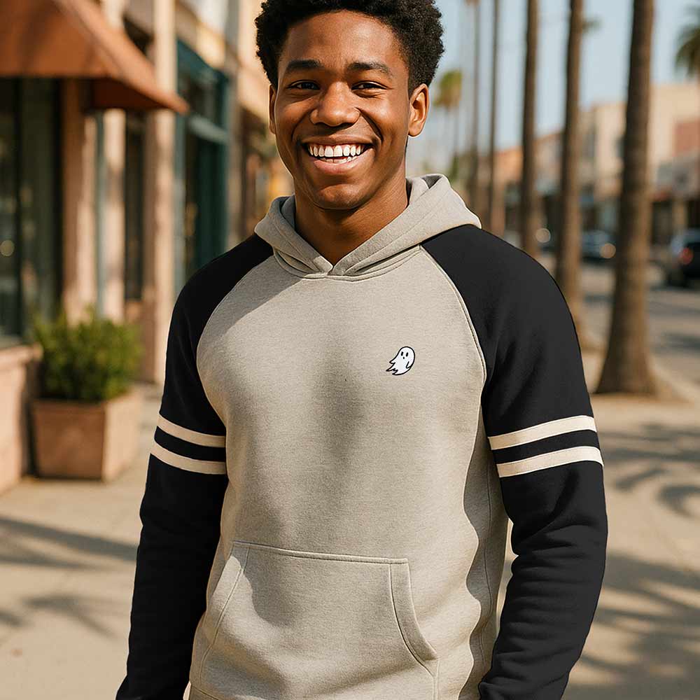 Dalix Mens Ghost Varsity Hooded Sweatshirt Heavyweight Pullover Hoodie Casual Wear in Oatmeal Black S Small