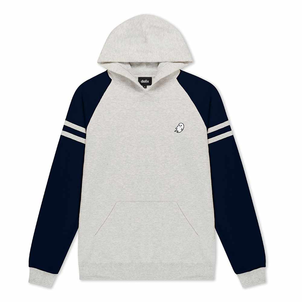 Dalix Mens Ghost Varsity Hooded Sweatshirt Heavyweight Pullover Hoodie Casual Wear in Oatmeal Indigo S Small